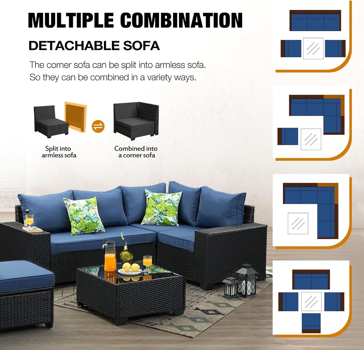 6 Piece All Weather Outdoor Wicker Sectional Sofa Set - Navy