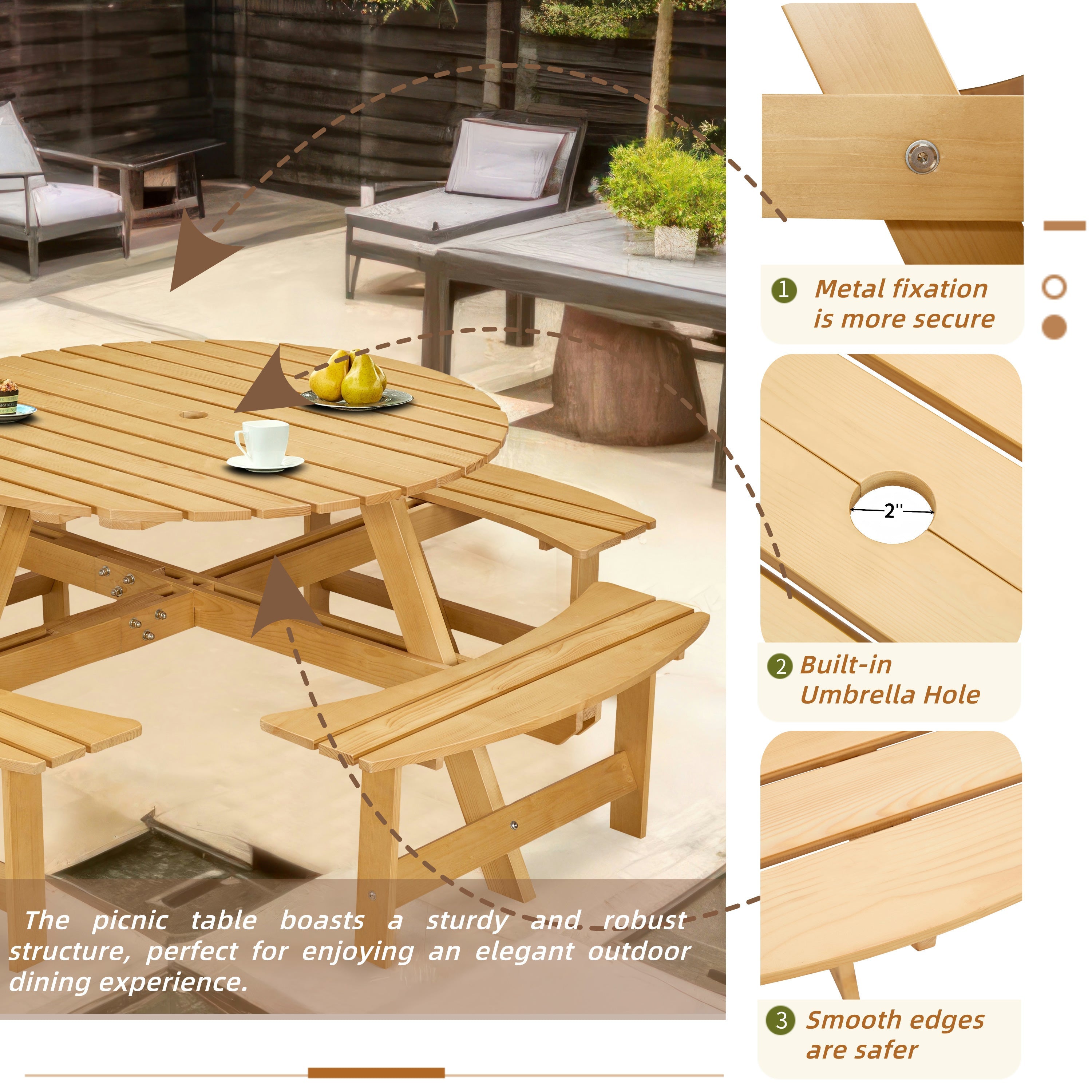 8-Person Round Picnic Table with 4 Built-in Benches - Natural Finish
