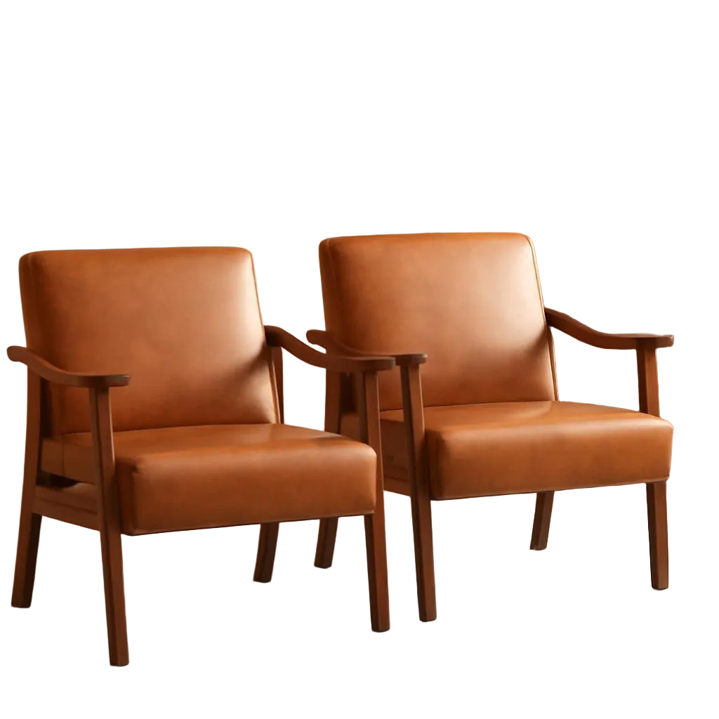 Brown PU Leather Accent Chairs Set of 2 Mid Century Modern