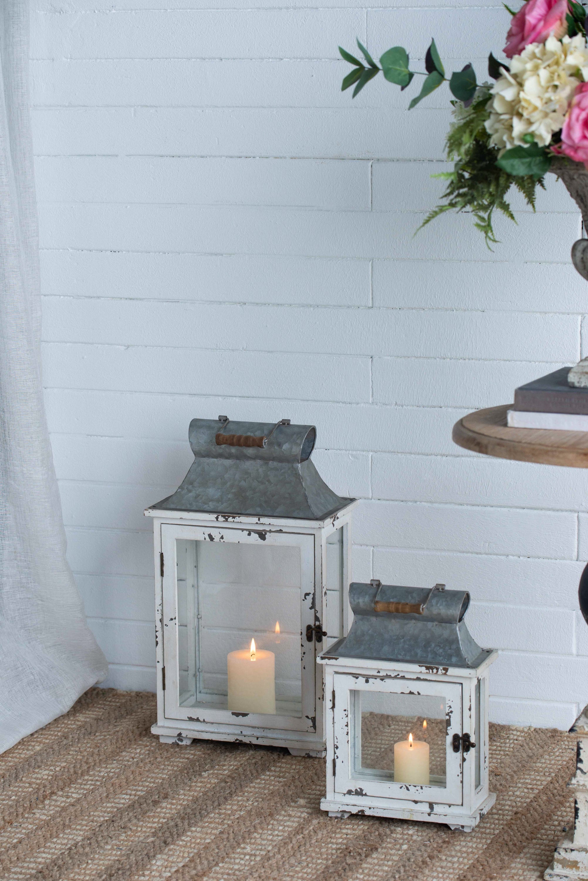 Rustic Wooden Hurricane Lanterns - Set of 2