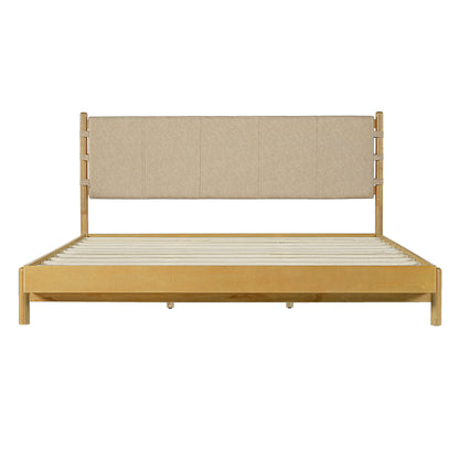 Beige Wood Platform Bed with Headboard and Matching Bedside Tables - 3 Pc Set