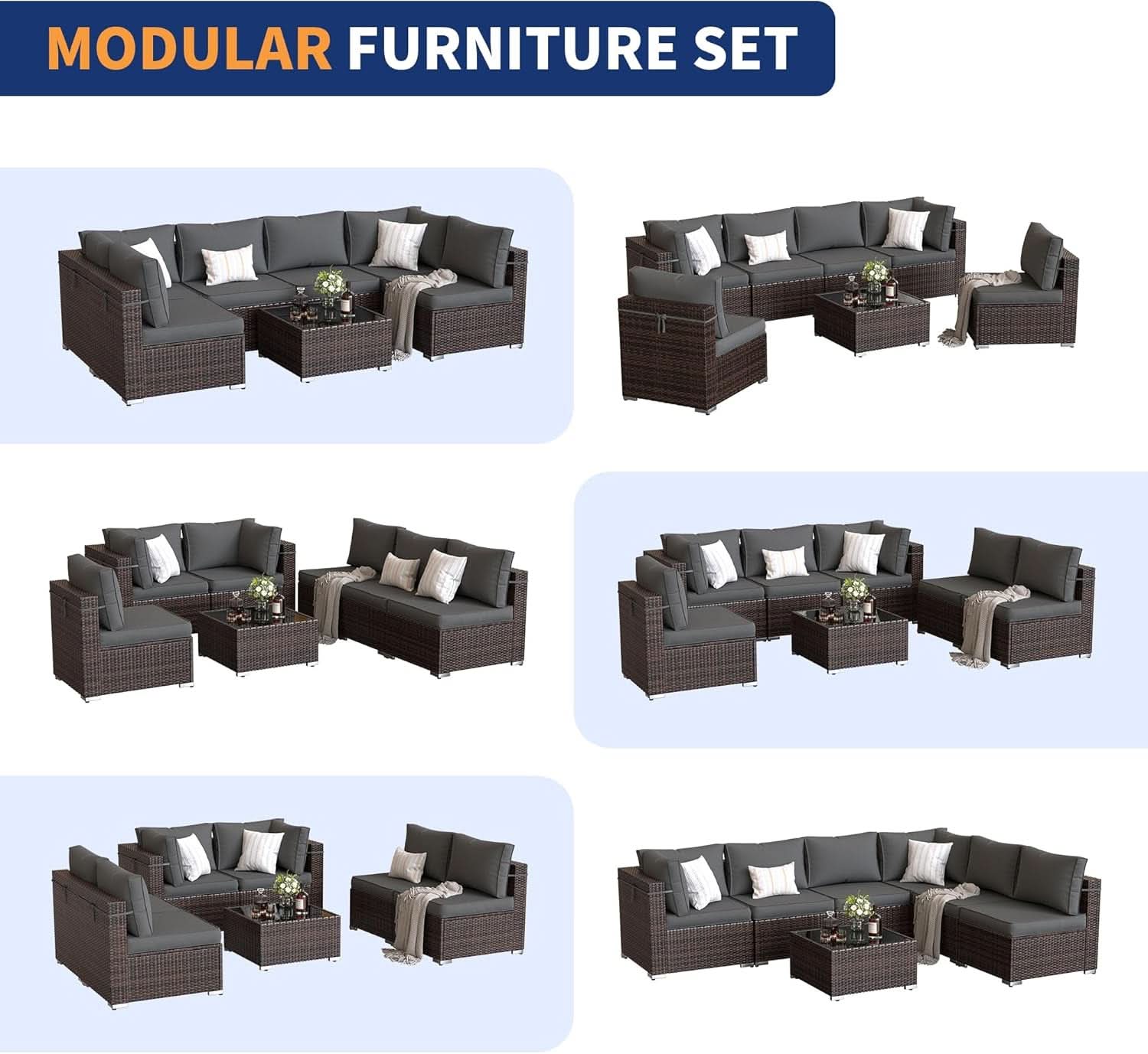 7 Piece Outdoor Modular Sectional Set With Waterproof Cover