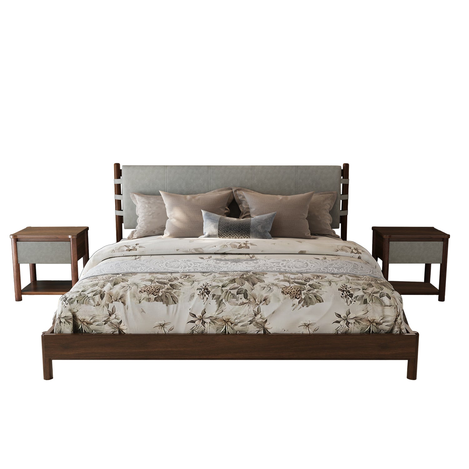 Modern King Bed Frame Set with 2 Nightstands - Gray/Walnut