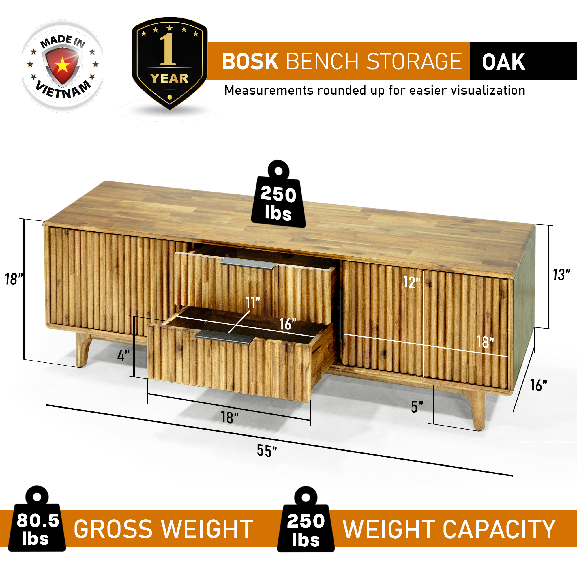 Bosk Solid Wood Storage Bench in Walnut or Natural