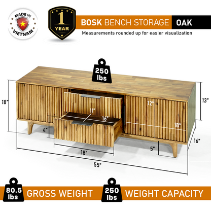 Bosk Solid Wood Storage Bench in Walnut or Natural