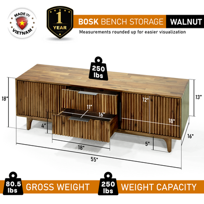 Bosk Solid Wood Storage Bench in Walnut or Natural