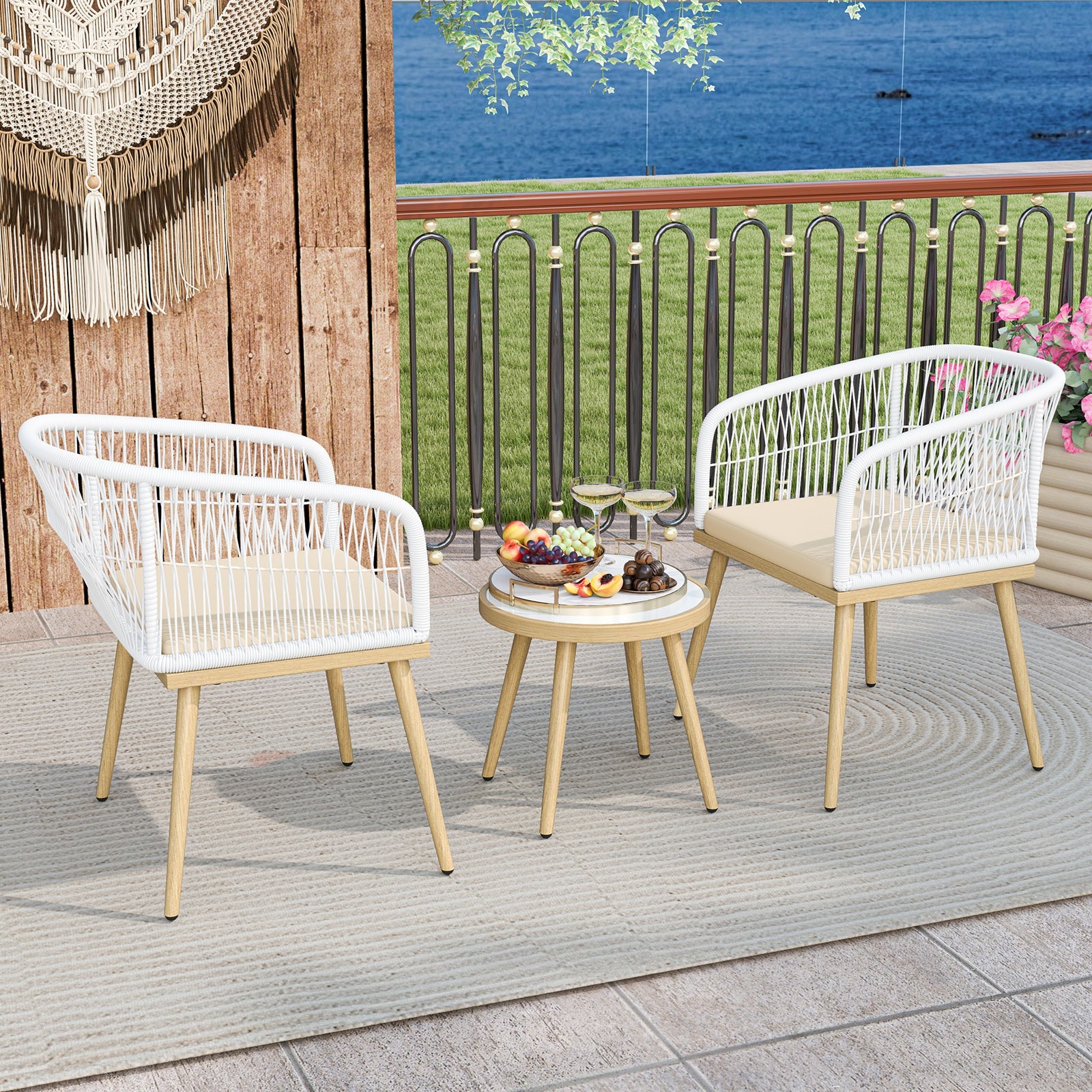 3 Piece Outdoor Bistro Set - White Wicker