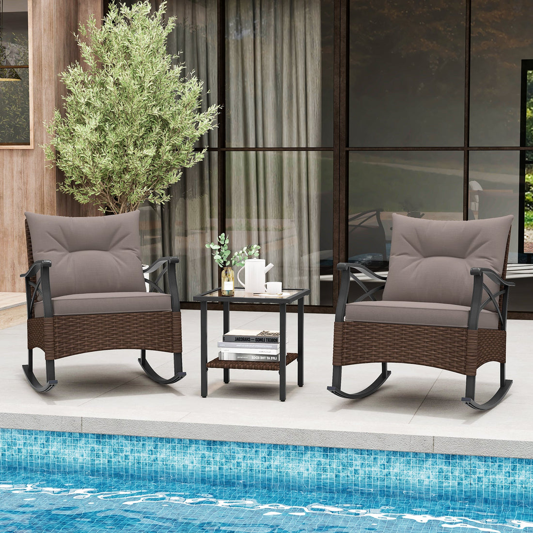 3 Piece Outdoor Rattan Rocking Chair Set with Gray Cushions