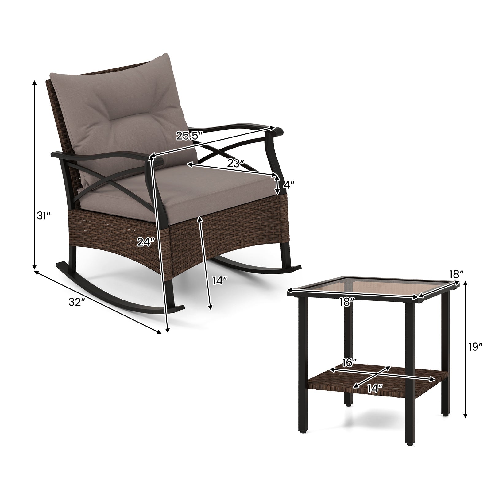 3 Piece Outdoor Rattan Rocking Chair Set with Gray Cushions