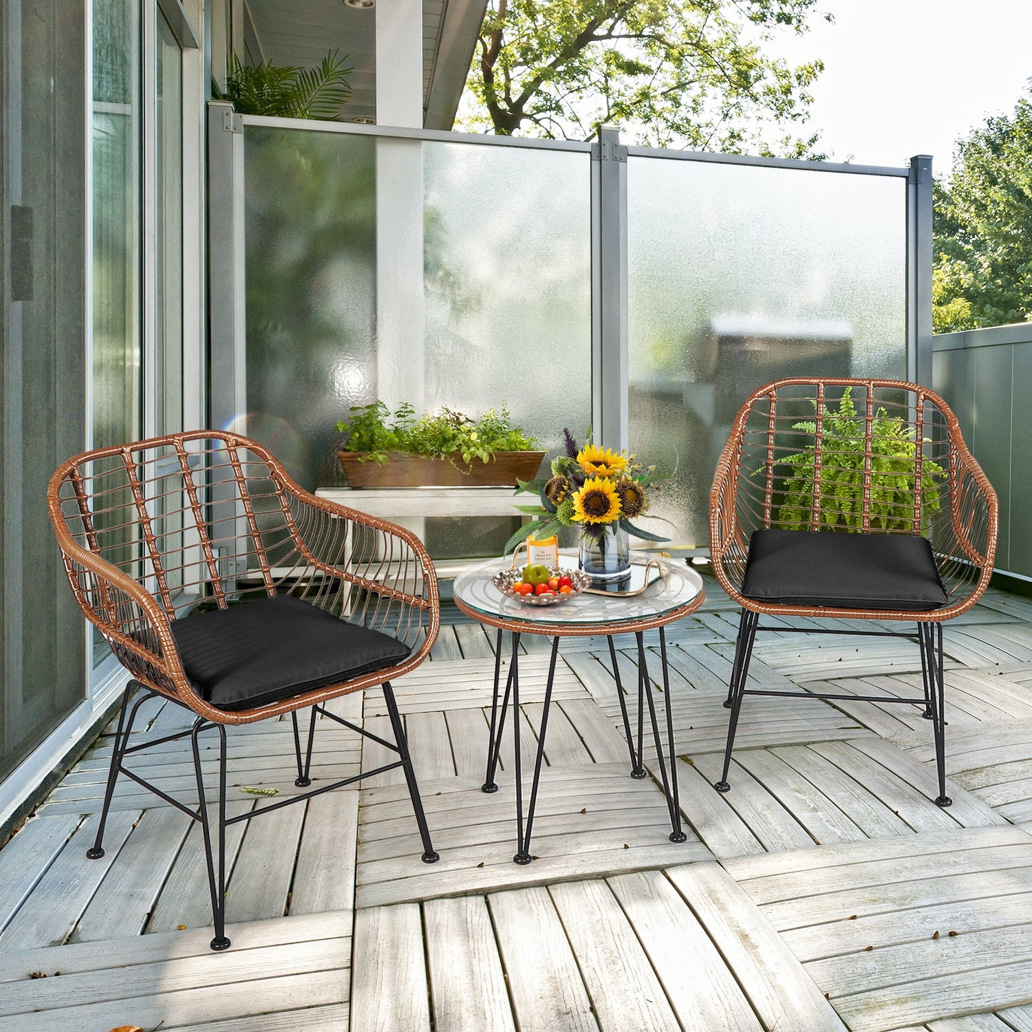 3 Pc Rattan Bistro Set with Black Cushions