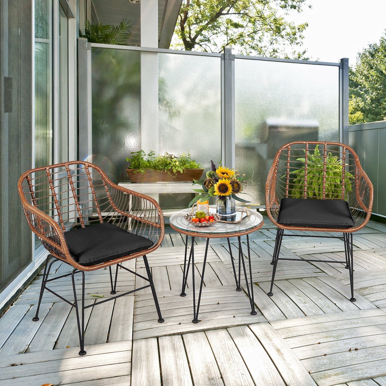 3 Pc Rattan Bistro Set with Black Cushions