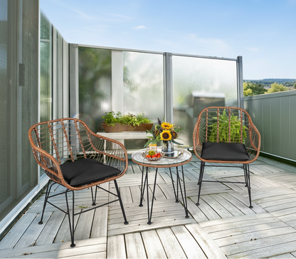 3 Pc Rattan Bistro Set with Black Cushions