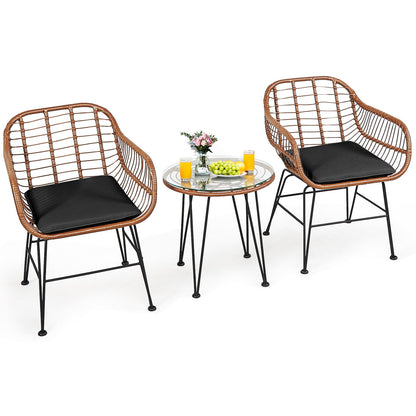 3 Pc Rattan Bistro Set with Black Cushions