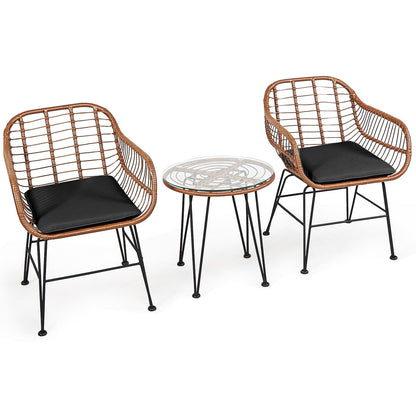 3 Pc Rattan Bistro Set with Black Cushions