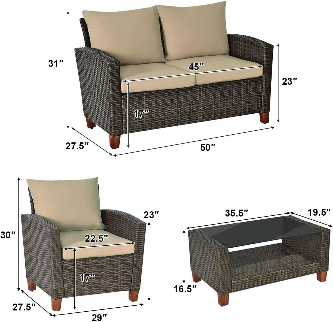 4 Piece Rattan Patio Conversation Set - Beige