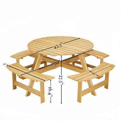 8-Person Round Picnic Table with 4 Built-in Benches - Natural Finish