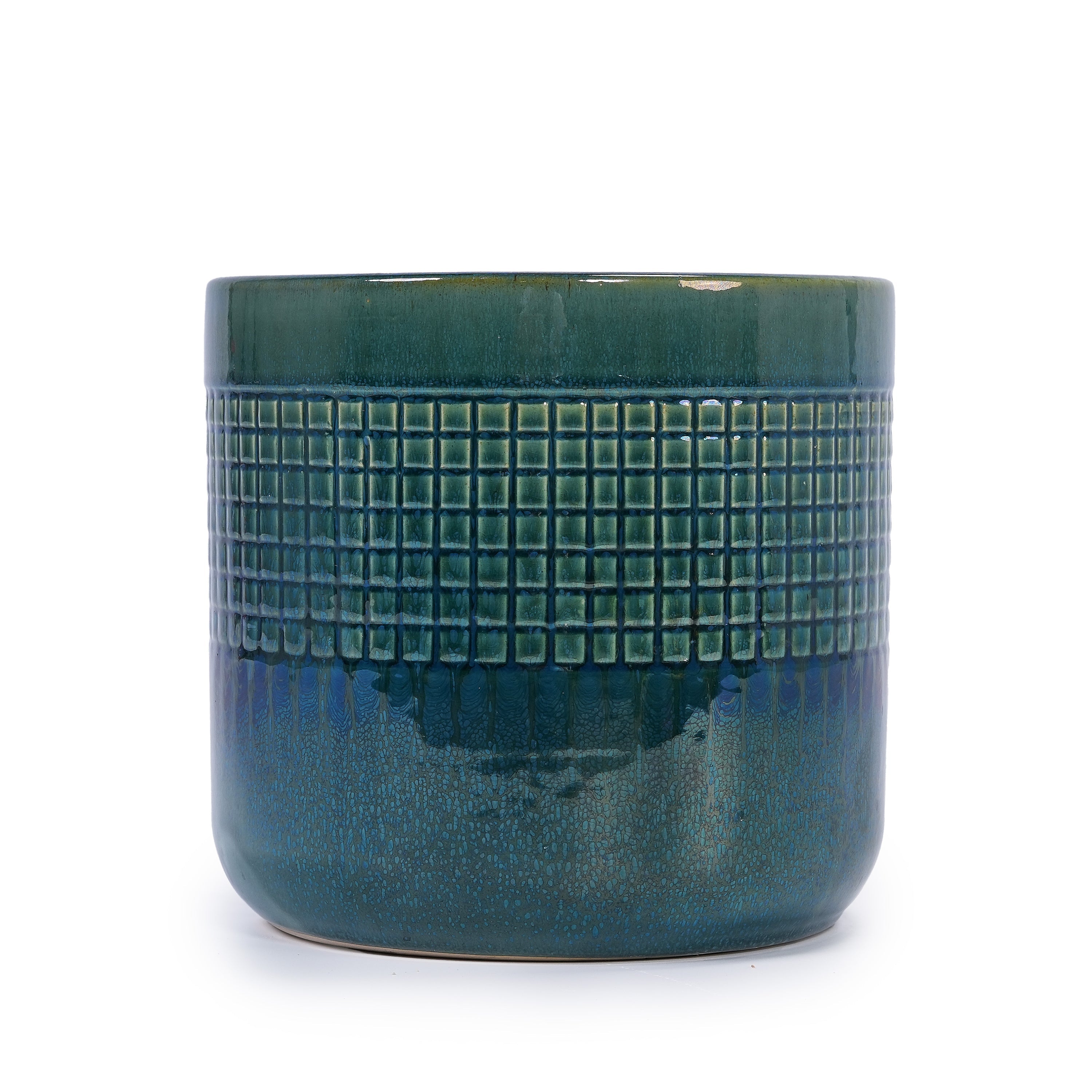 Set of 3 Grid Ceramic Flowerpots - Teal