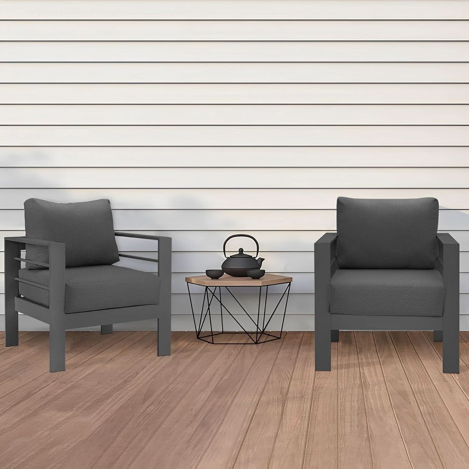 Weather Resistant Metal Armchair Set with Cushions -  Dark Gray
