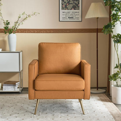 Brown PU Leather Accent Chairs With Gold Legs - 2 pc Set