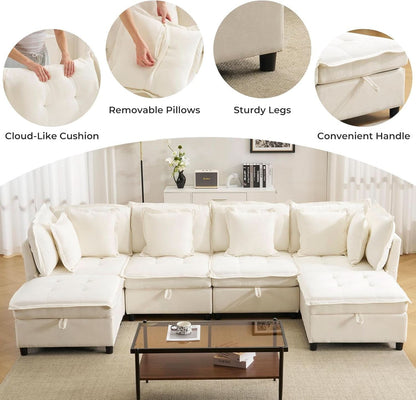 Oversized Modular Sectional Sofa w/Storage Ottoman - Cream