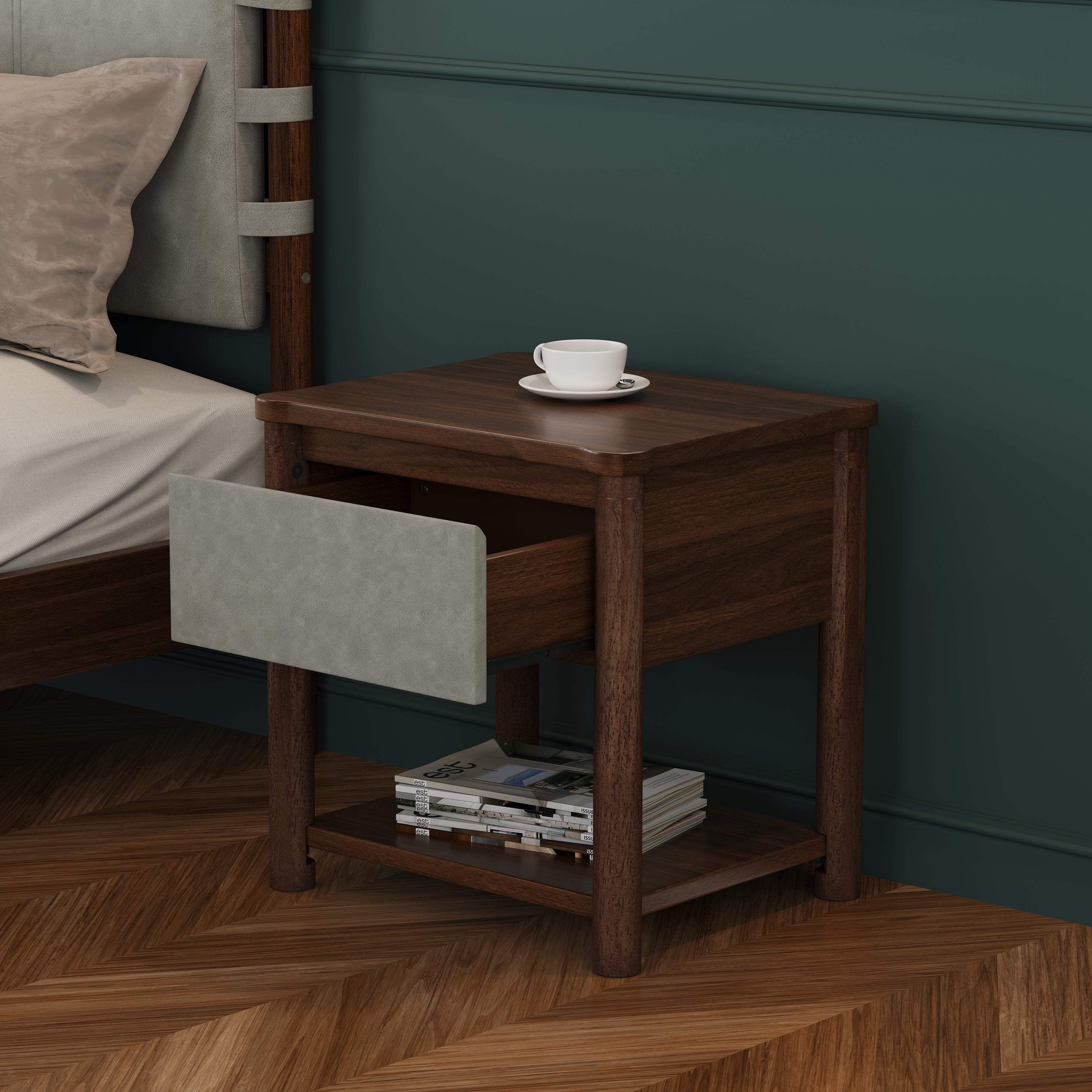 Modern Queen Bed Frame Set with 2 Nightstands - Gray/Walnut