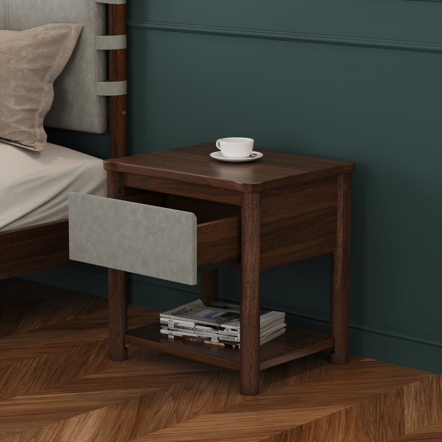Modern King Bed Frame Set with 2 Nightstands - Gray/Walnut