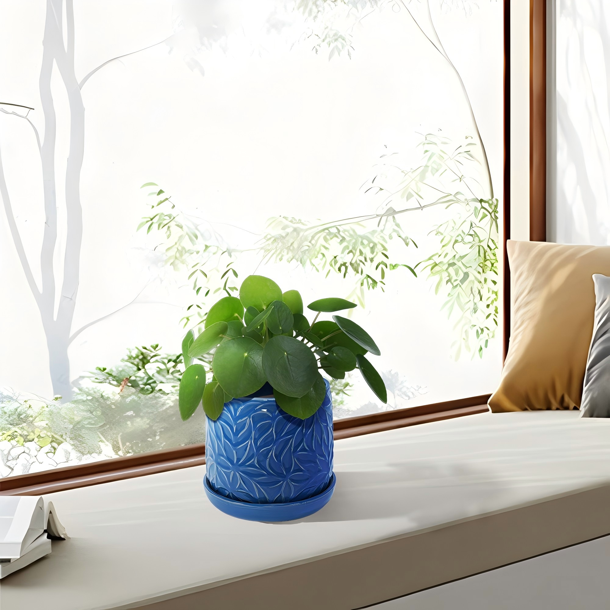 Set of 2 Embossed Ceramic Flowerpots - Blue