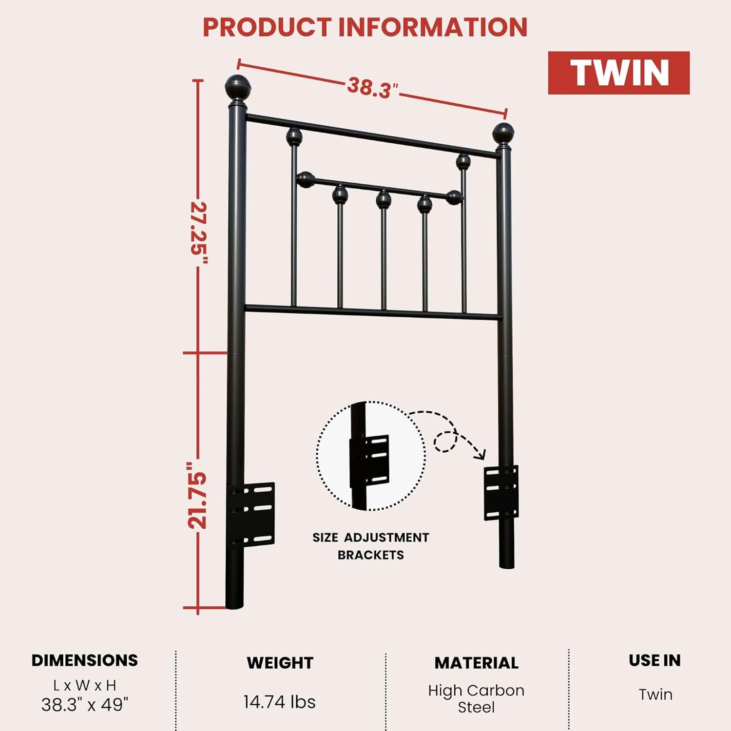 Twin Size Metal Bed Frame with Adjustable Headboard - Black