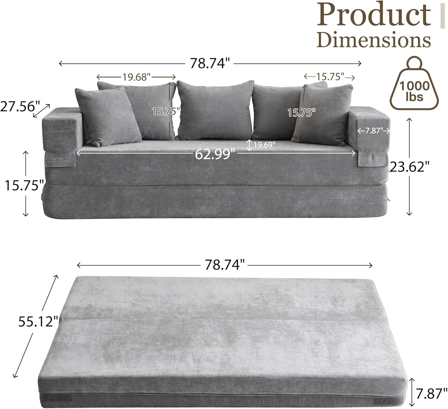 4 In 1 Convertible Folding Sofa Bed With Pillows