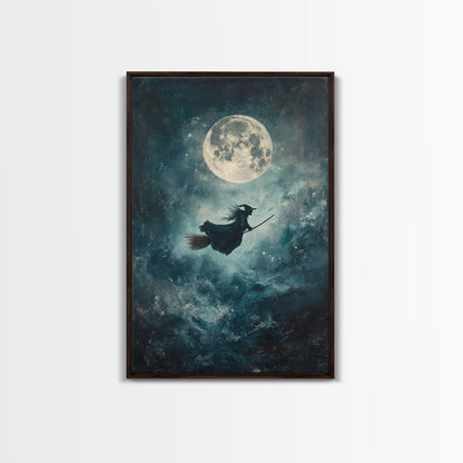 Witch Riding Under a Full Moon - Framed Canvas Print