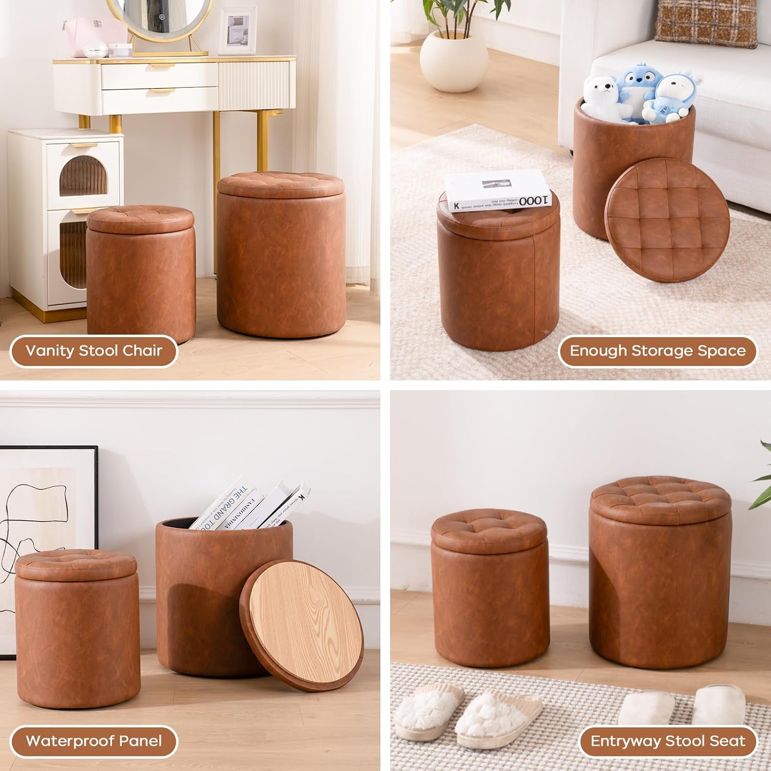 Brown Faux Leather Round Storage Nesting Ottomans - 2 pc Set