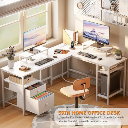 White 59" Corner Workstation with Power Outlets