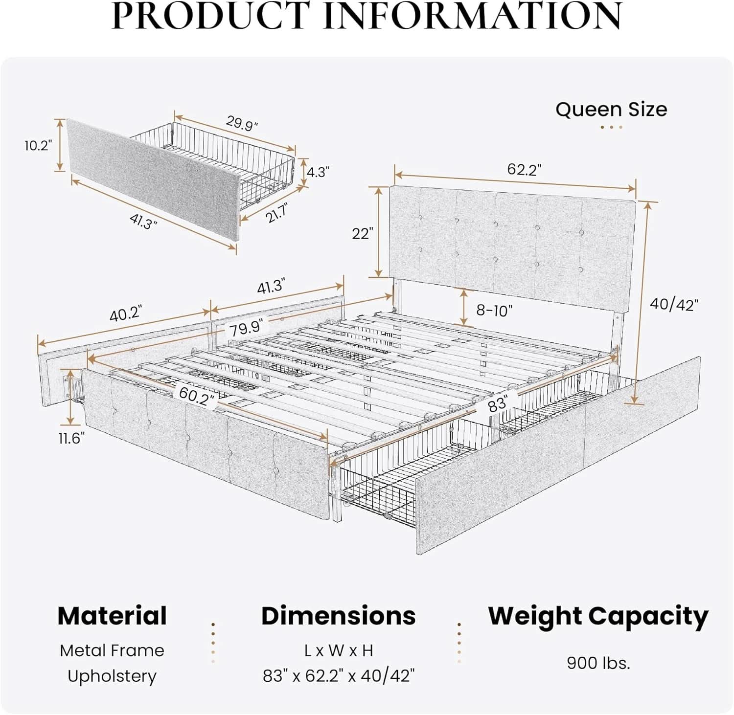 Upholstered Queen Platform Bed Frame Storage Drawers