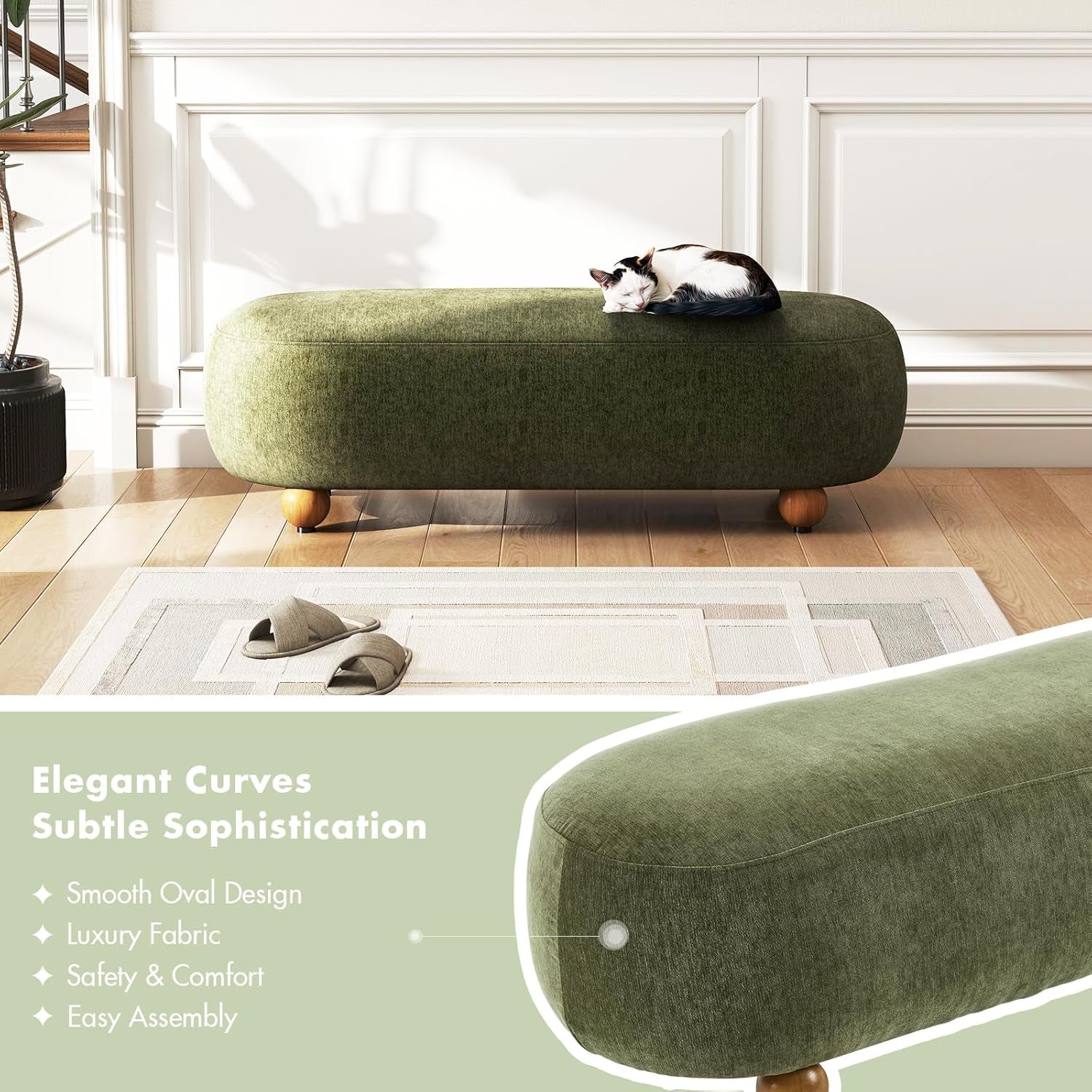 54-Inch Green Velvet Cushioned Bench