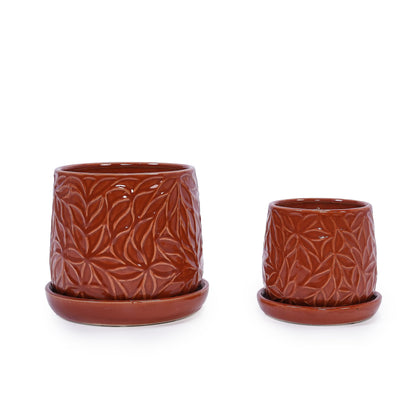 Set of 2 Embossed Ceramic Flowerpots - Red