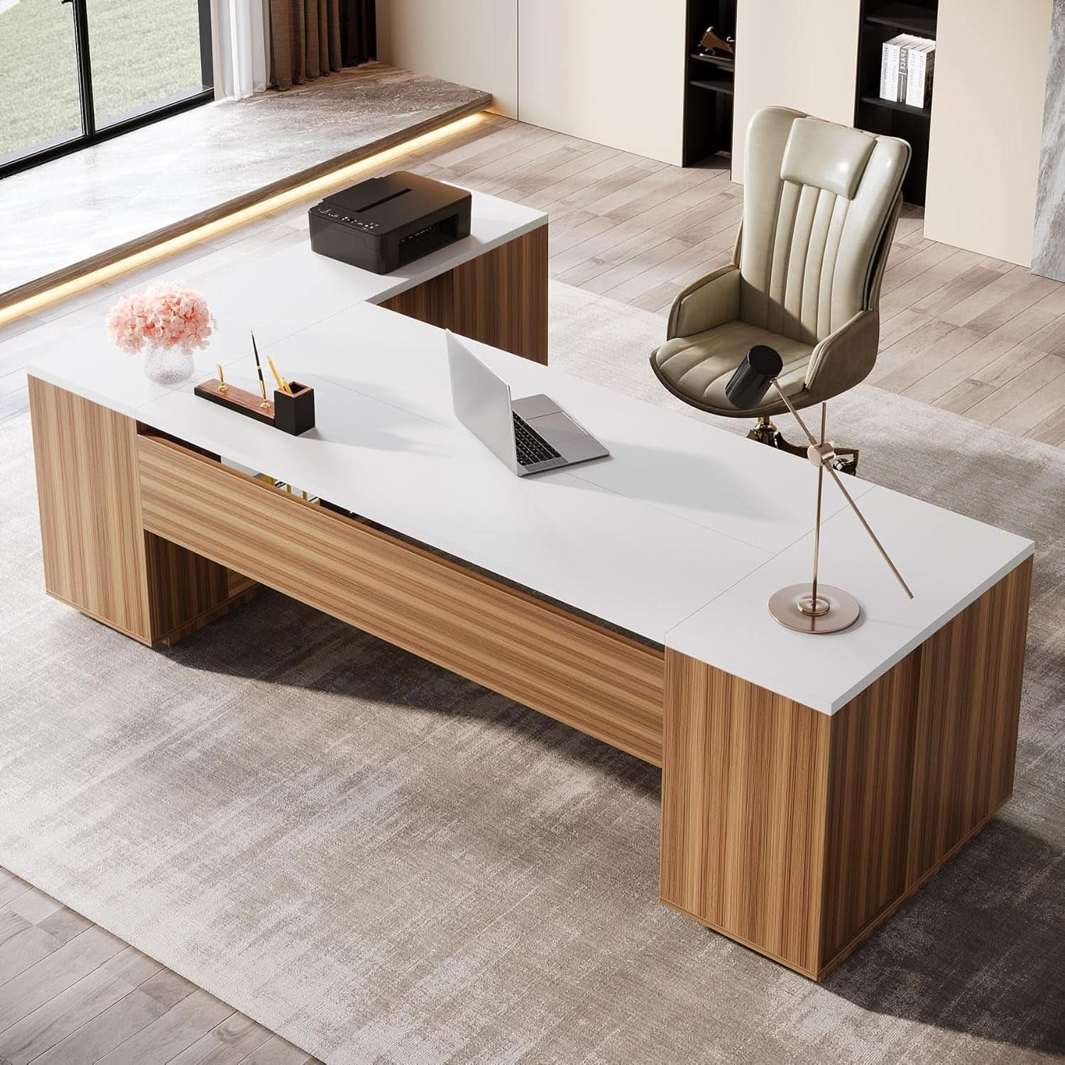 L-Shaped Executive Desk with Storage Cabinet - White Walnut
