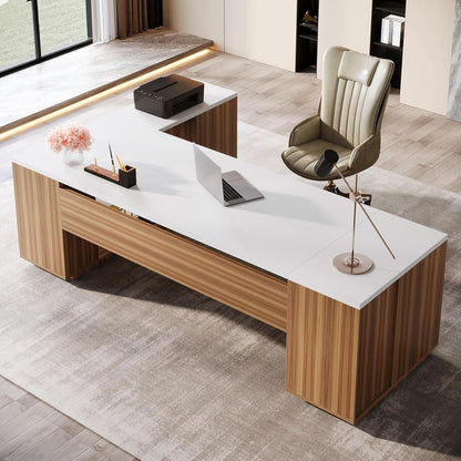 L-Shaped Executive Desk with Storage Cabinet - White Walnut