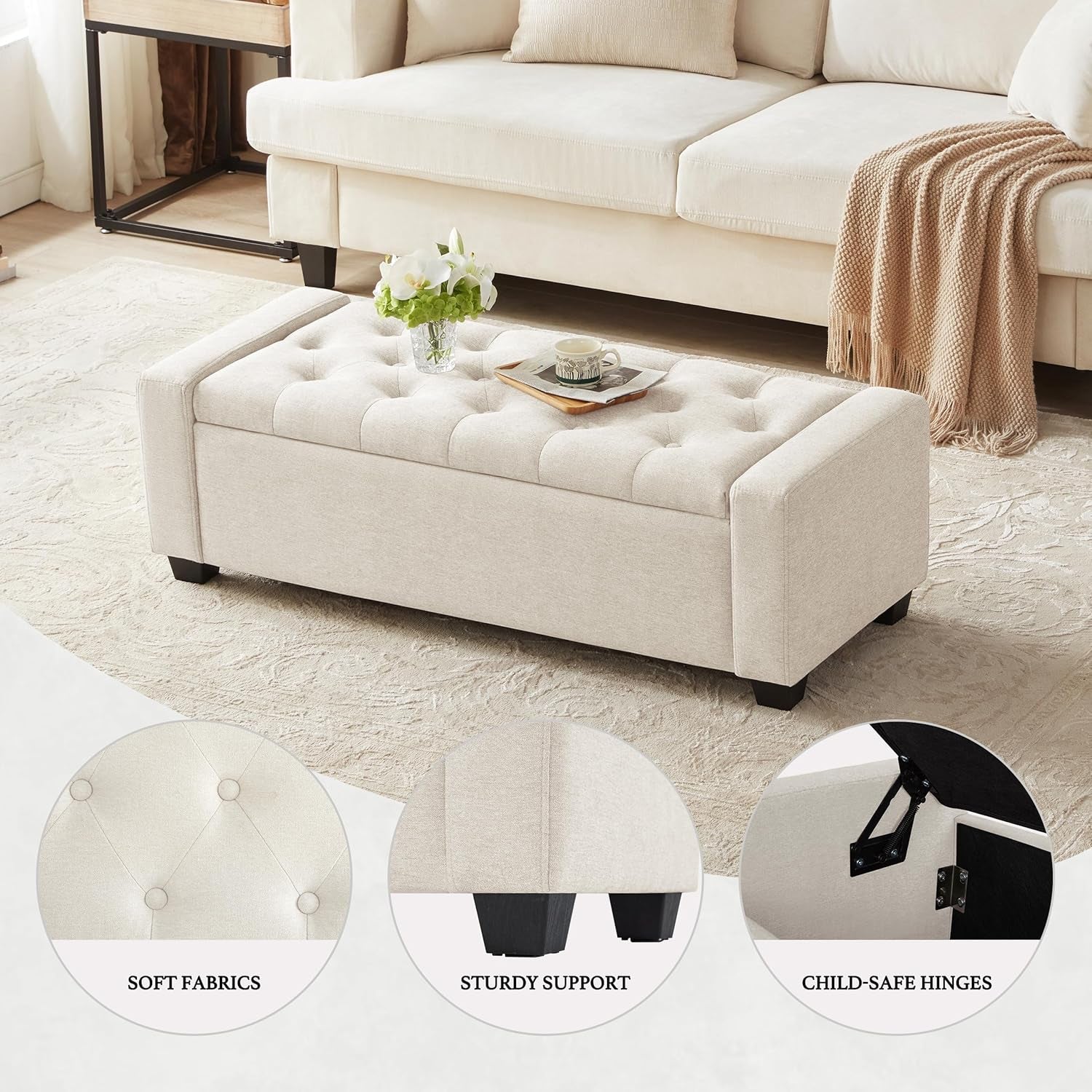 48 Inch Upholstered Storage Bench in Cream