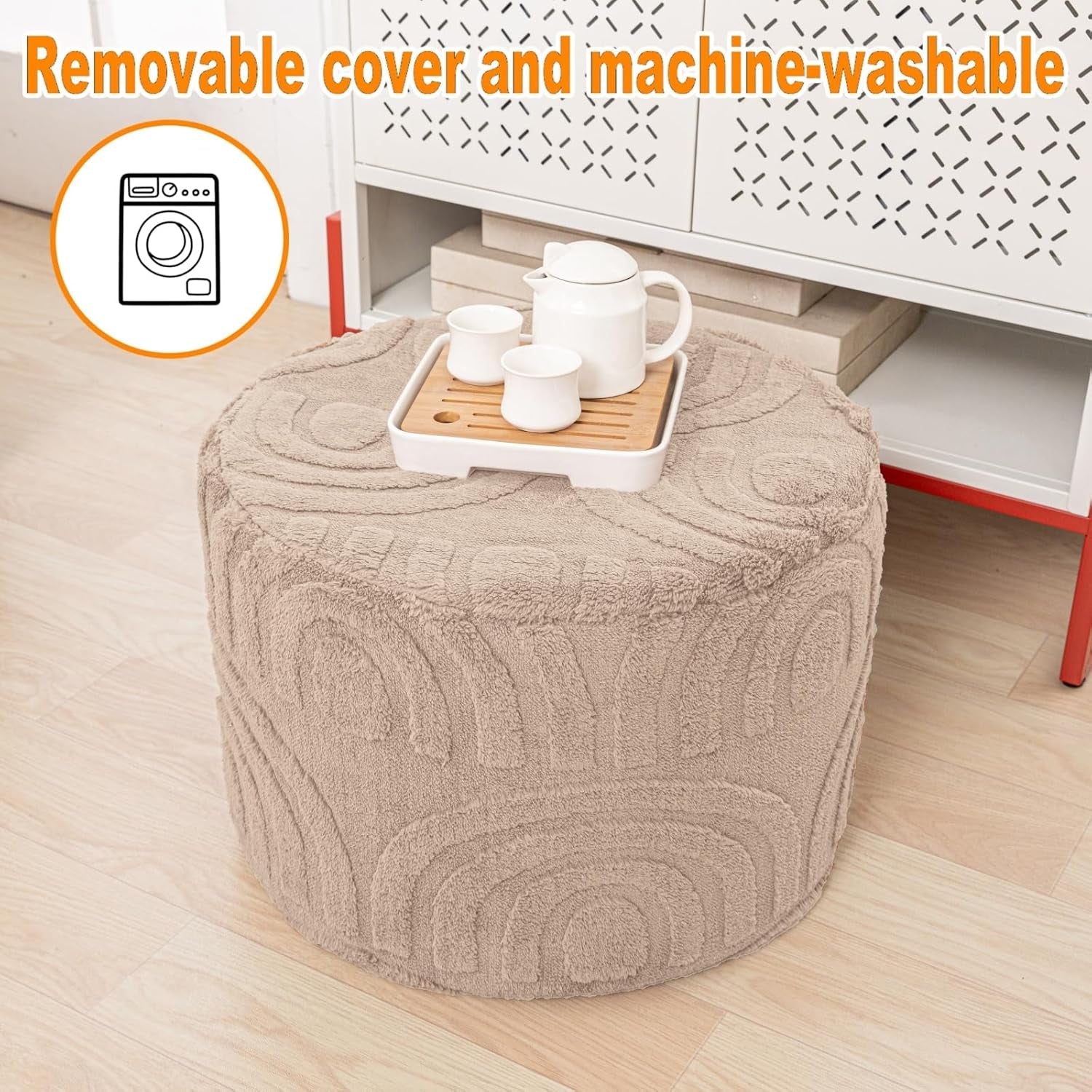 Round Ottoman Pouf 20x20x14 Inches in Khaki