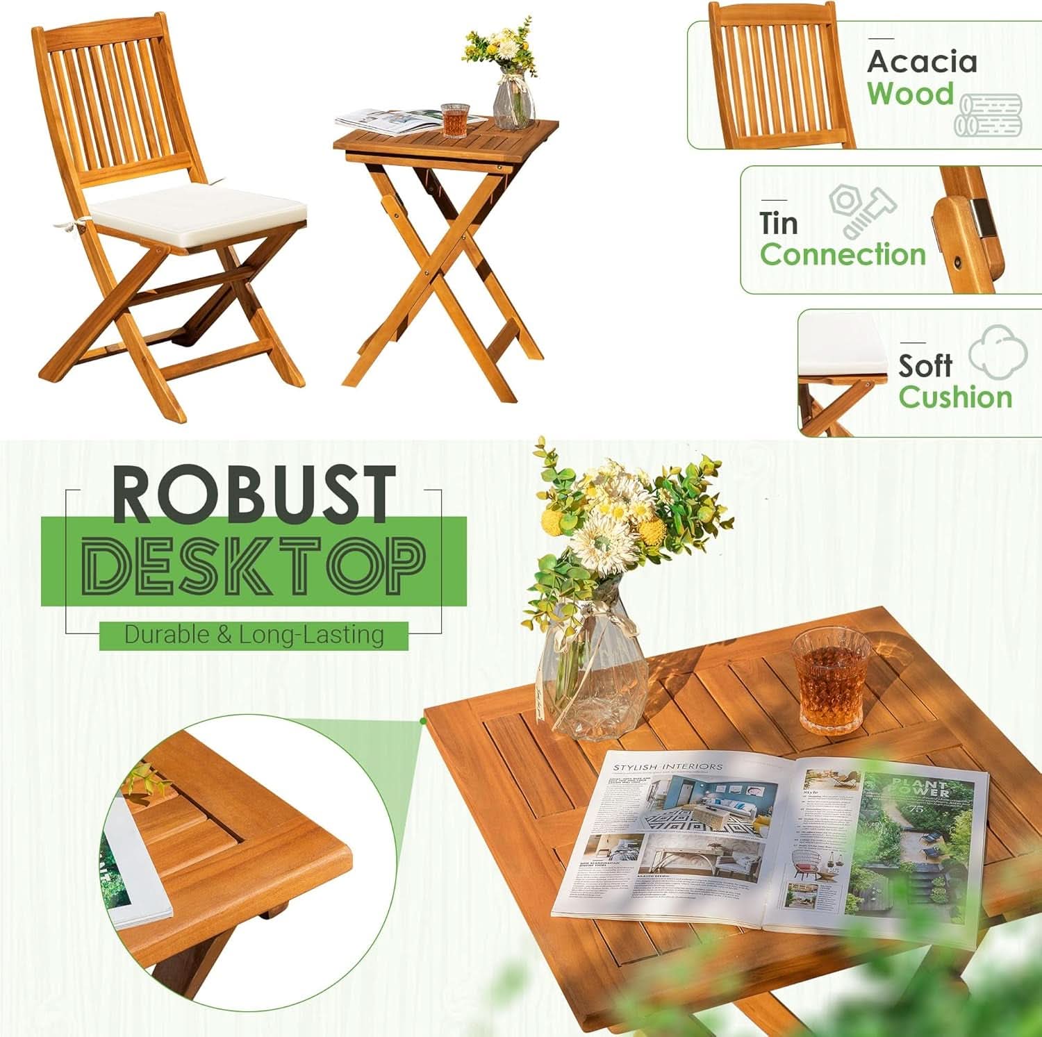 3 Piece Outdoor Folding Bistro Set With Cushions -  Acacia Wood