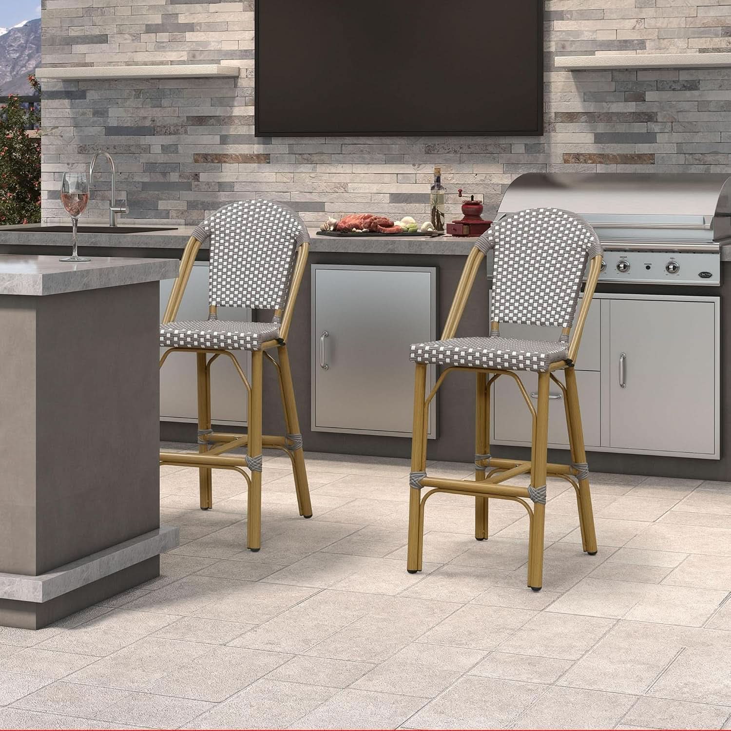French Style Indoor/Outdoor Rattan Bar Stools - 2 Piece Set, Gray