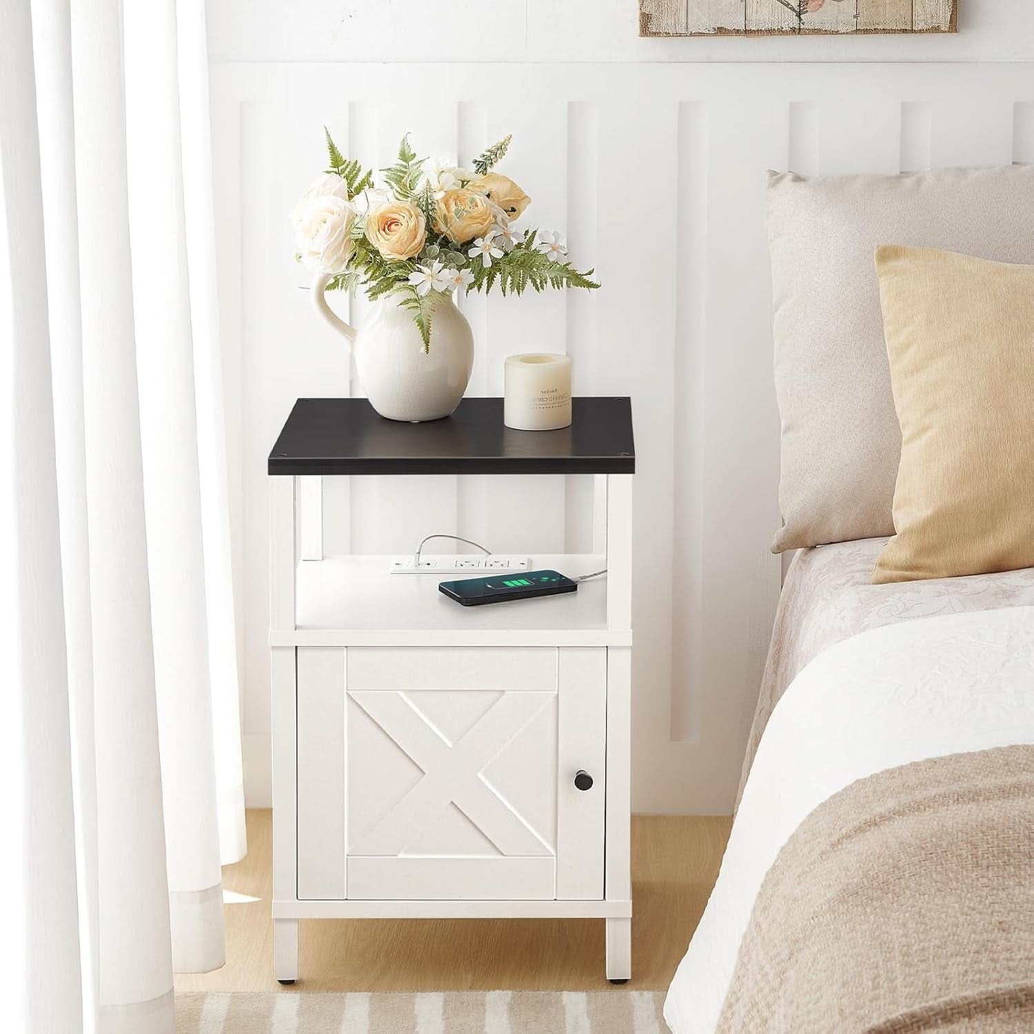 White Farmhouse Style Nightstand With USB Type C Ports