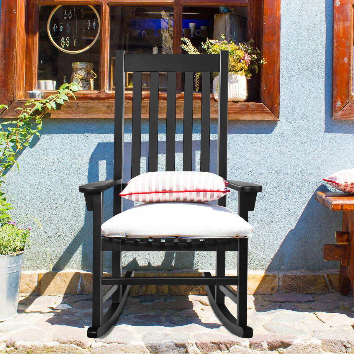 Indoor/Outdoor Wooden High Back Rocking Chair - Black, Natural, White
