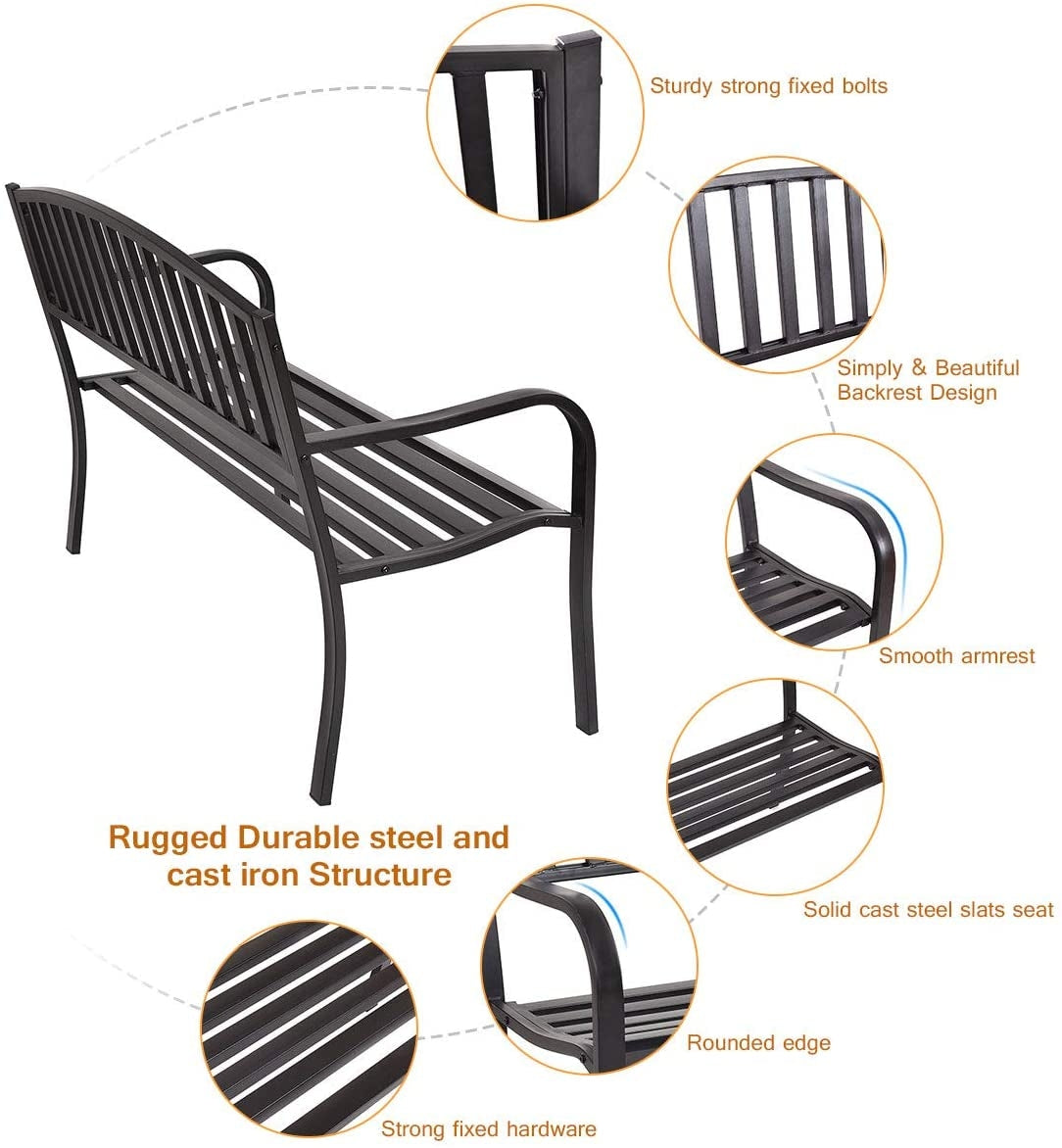 50 Inch Steel Garden Bench - Black