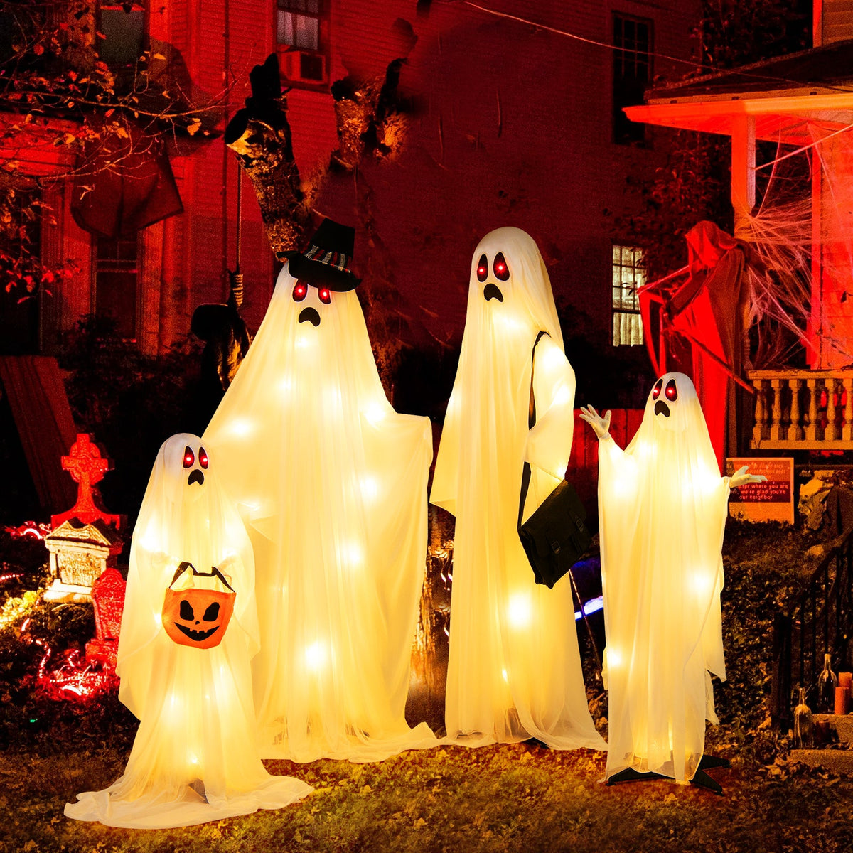 4 Piece LED Ghost Family with Red and Warm White Lights
