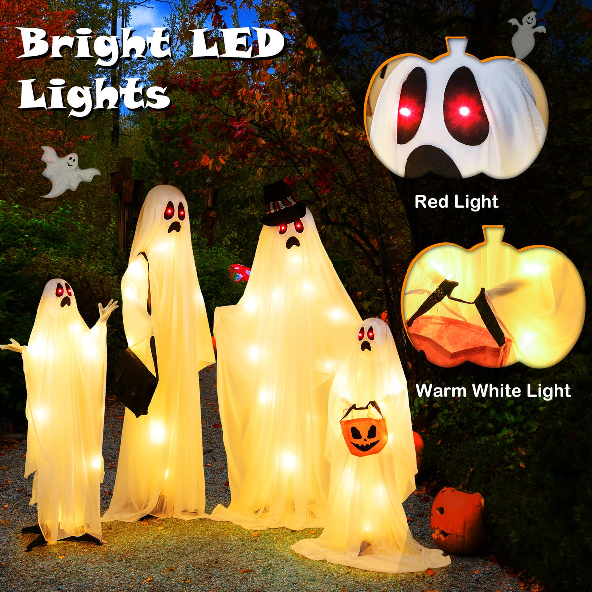 4 Piece LED Ghost Family with Red and Warm White Lights