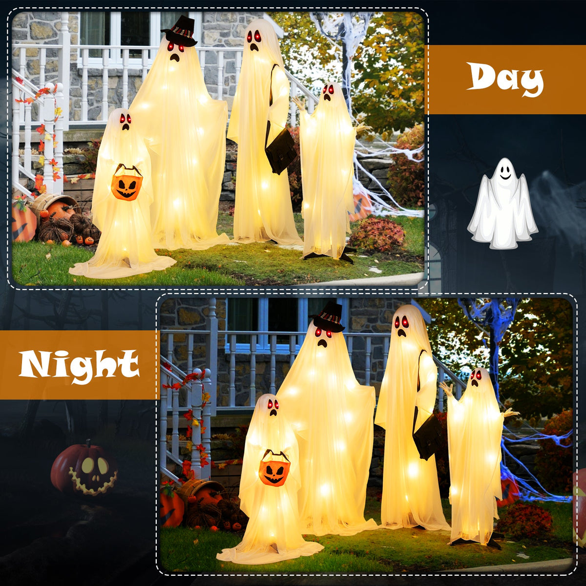 4 Piece LED Ghost Family with Red and Warm White Lights