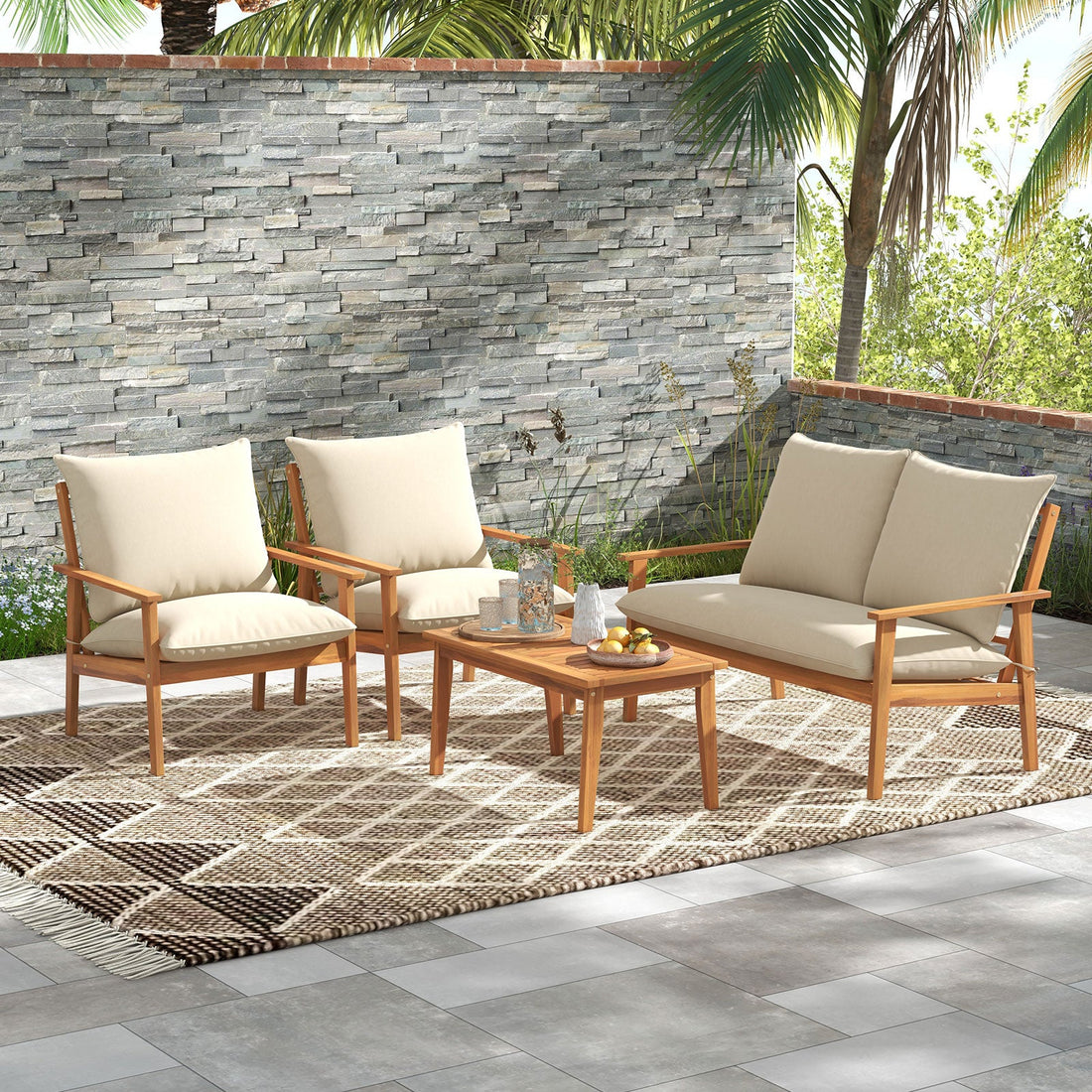 4 Piece Outdoor Acacia Wood Conversation Set with Soft Cushions and Coffee Table