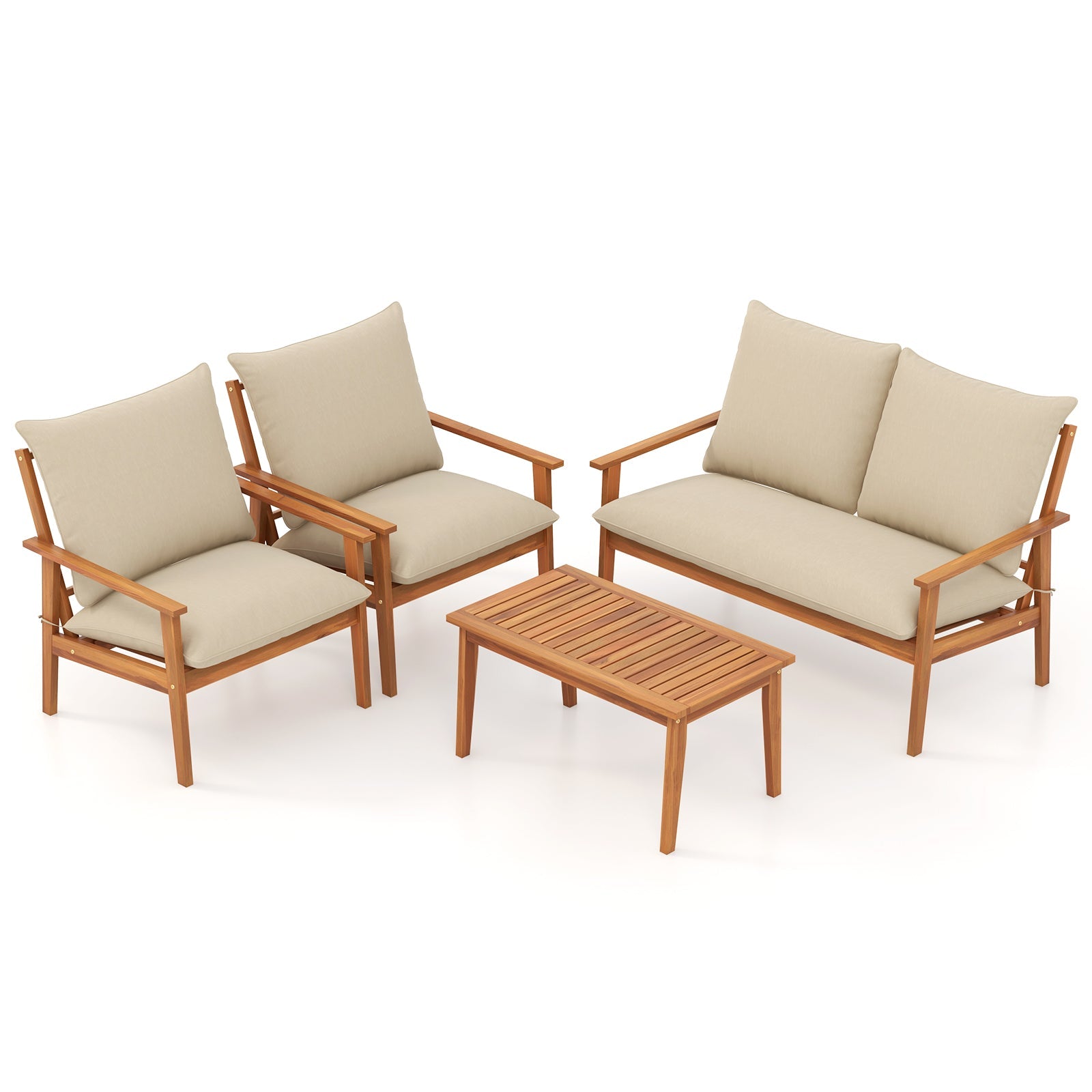 4 Piece Outdoor Acacia Wood Conversation Set with Soft Cushions and Coffee Table