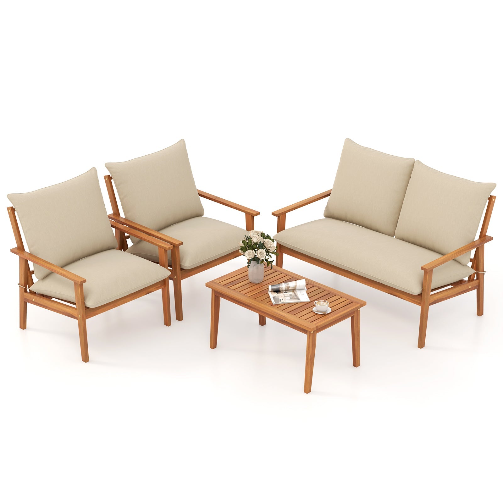 4 Piece Outdoor Acacia Wood Conversation Set with Soft Cushions and Coffee Table